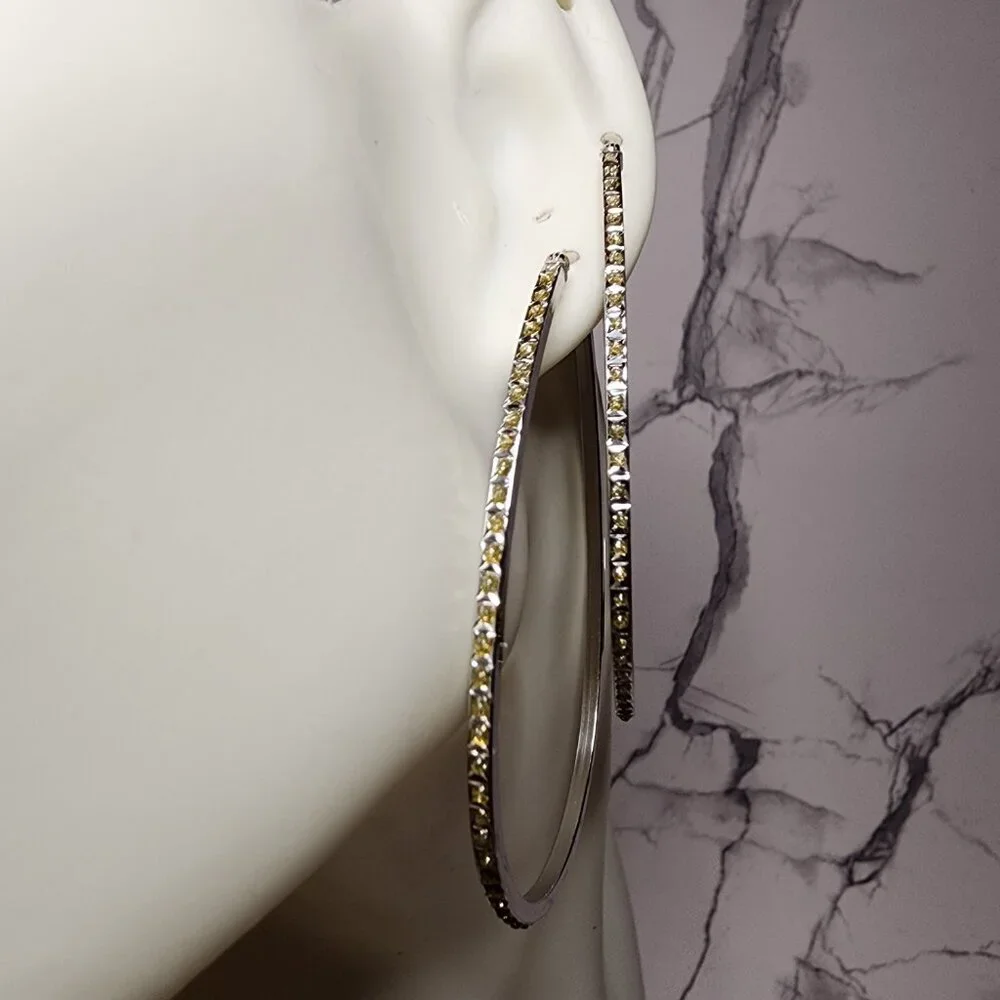 925 Silver Large Hoop Earrings Champagne Colored Stones